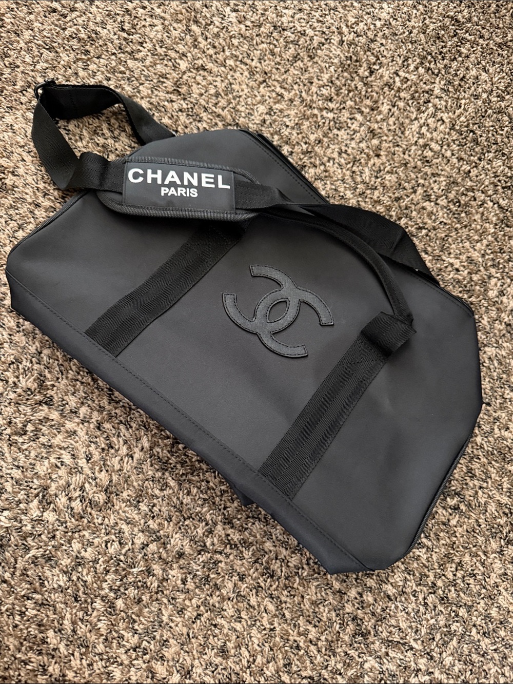 CHANEL Black Nylon Logo Duffel Bag